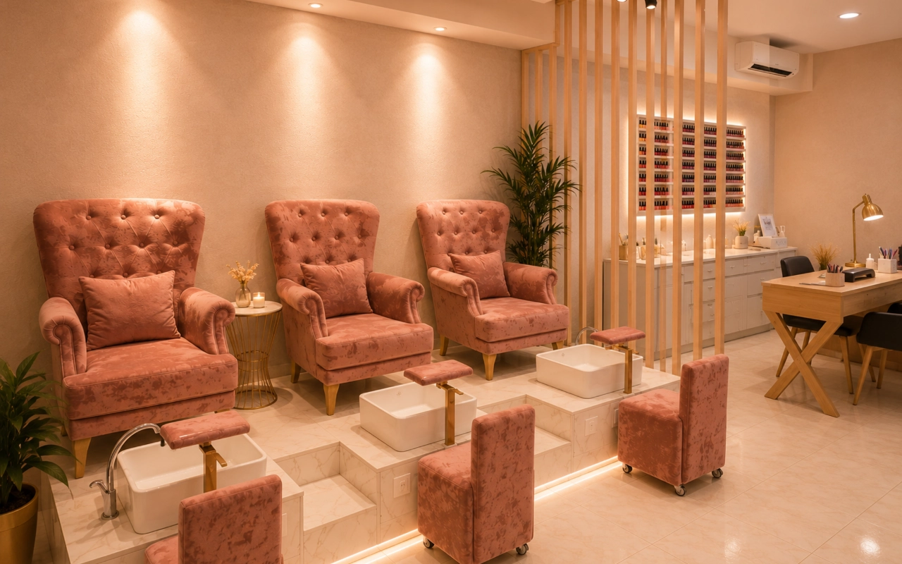 Un lujoso salón de belleza y pedicura con iluminación cálida y una paleta de colores en rosa suave. A la izquierda, tres mullidos sillones capitonés en rosa viejo con cojines a juego están dispuestos sobre una plataforma de mármol. Frente a cada sillón hay una pila cuadrada blanca con grifería dorada y un pequeño taburete rosa con ruedas para el técnico. Un separador de listones de madera divide la zona de pedicura de un puesto de manicura a la derecha y de un expositor de pared retroiluminado que muestra hileras de botes de esmalte de uñas.