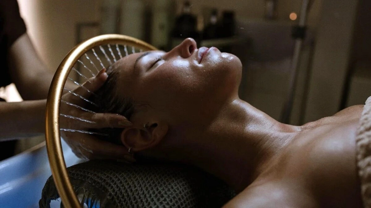Primer plano de una mujer relajándose con los ojos cerrados durante un head spa japonés en un salón tranquilo