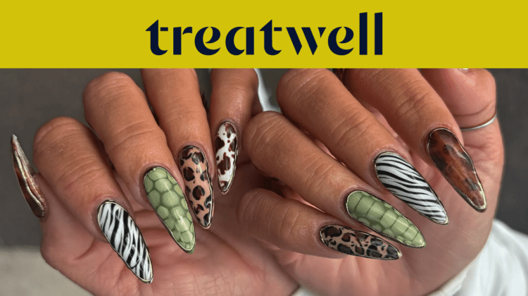 Dos manos con largas uñas de forma almendrada decoradas con estampados animales variados: rayas de cebra, manchas de leopardo, piel de serpiente verde y carey.