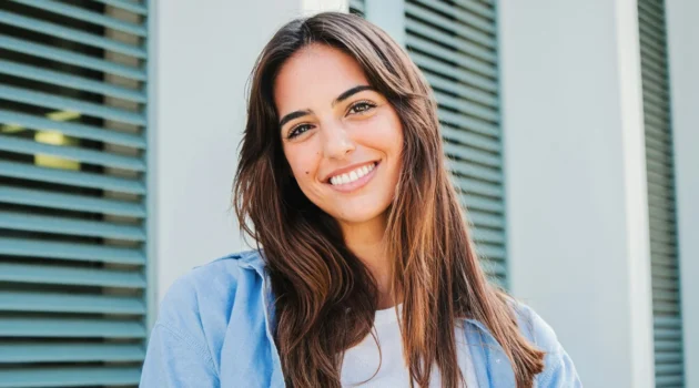 Una mujer de pelo largo y oscuro con las cejas bien definidas sonríe al aire libre frente a un edificio con contraventanas verdes