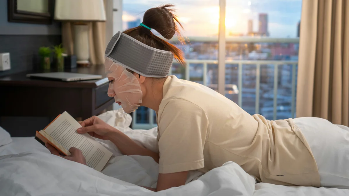 Vista lateral de una mujer tumbada boca abajo en la cama leyendo un libro, con una mascarilla hidratante en la cara y una diadema