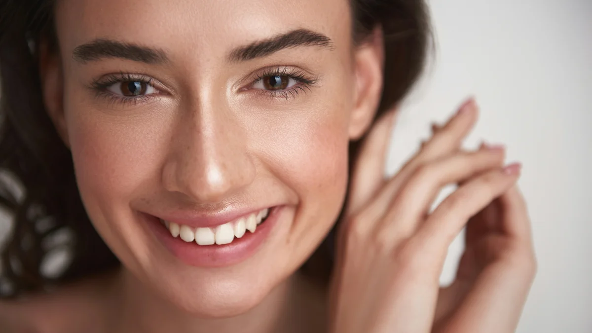 Primer plano del rostro sonriente de una mujer con un maquillaje ligero y la piel luminosa