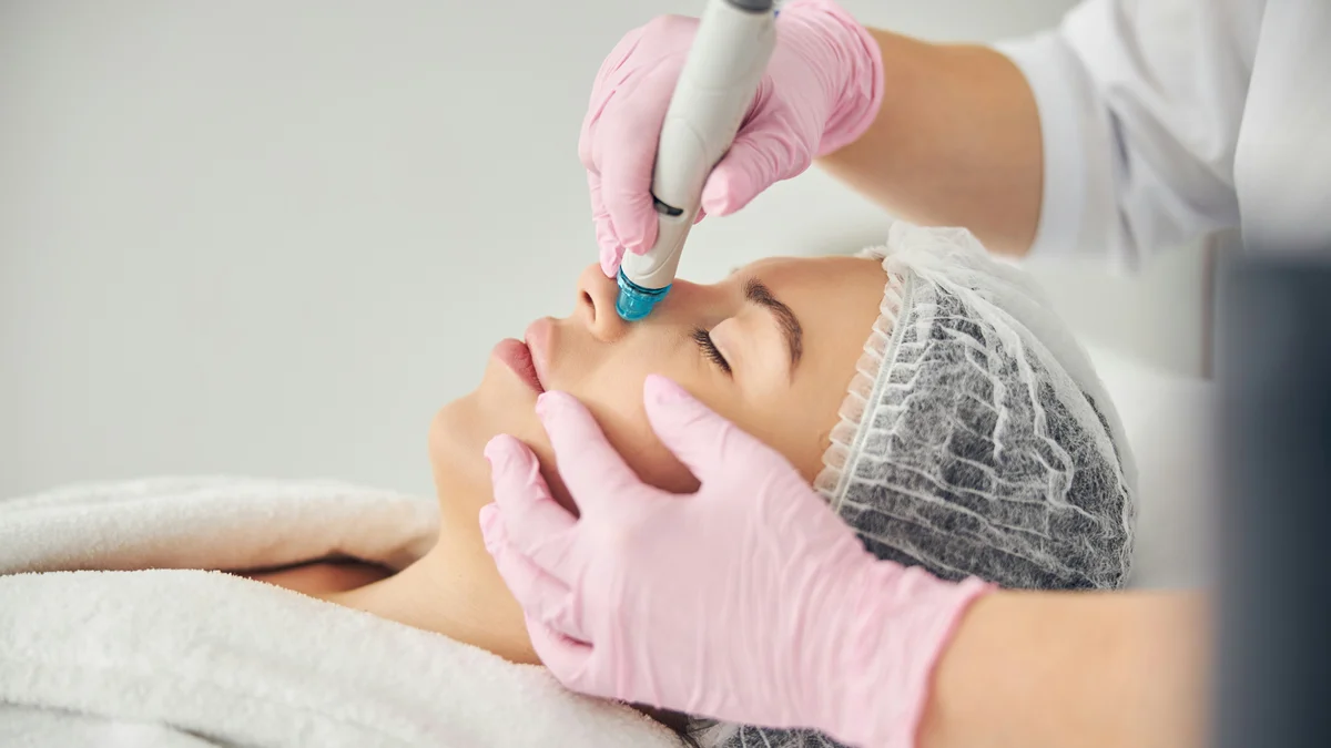 Primer plano de una mujer durante un tratamiento HydraFacial mientras una profesional con guantes desliza el dispositivo por su nariz